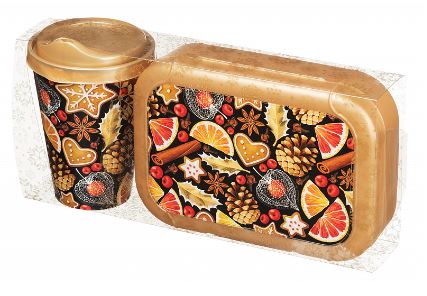 Набор: стакан с крышкой 420мл с декором + ланч-бокс 0,85л с декором (золотой)